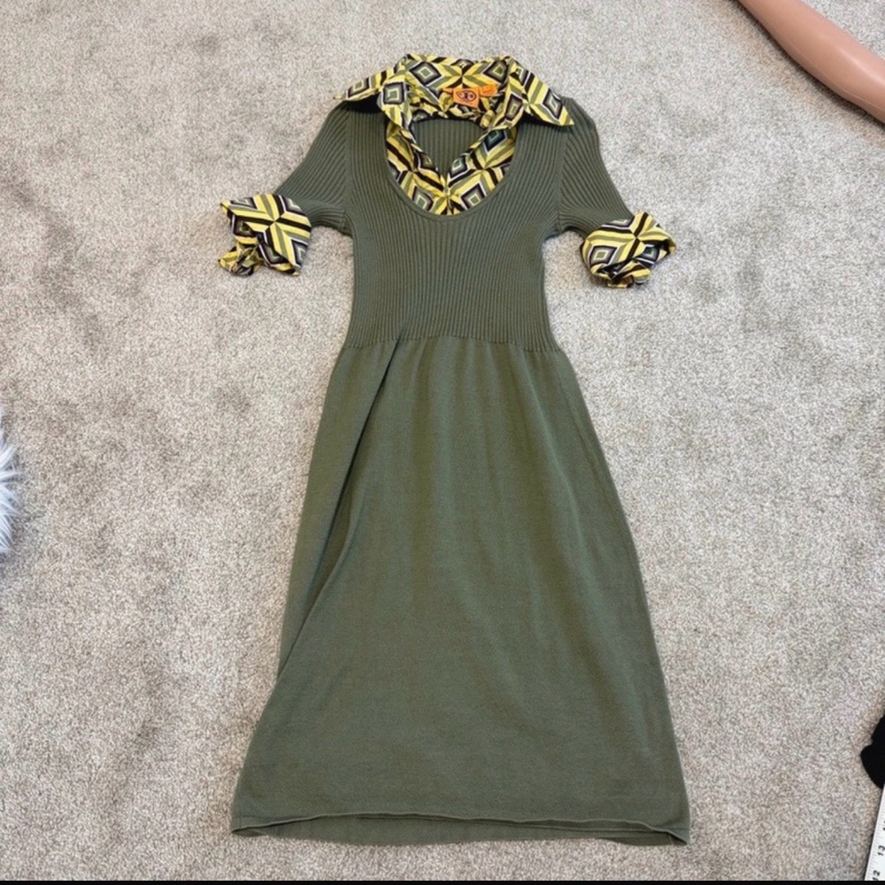 Tory Burch Olive Green Dress with Geometric Accents